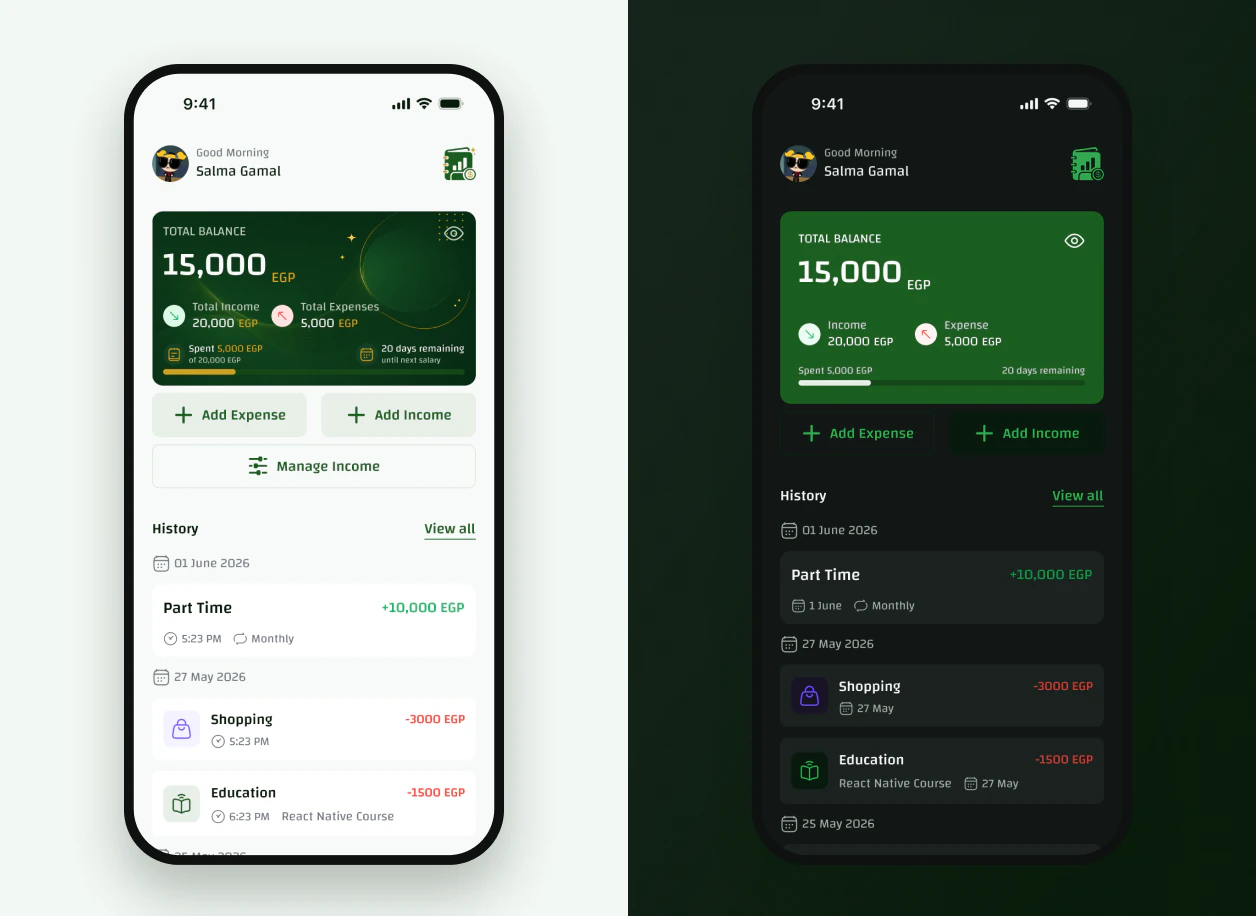 The home screen in light and dark mode