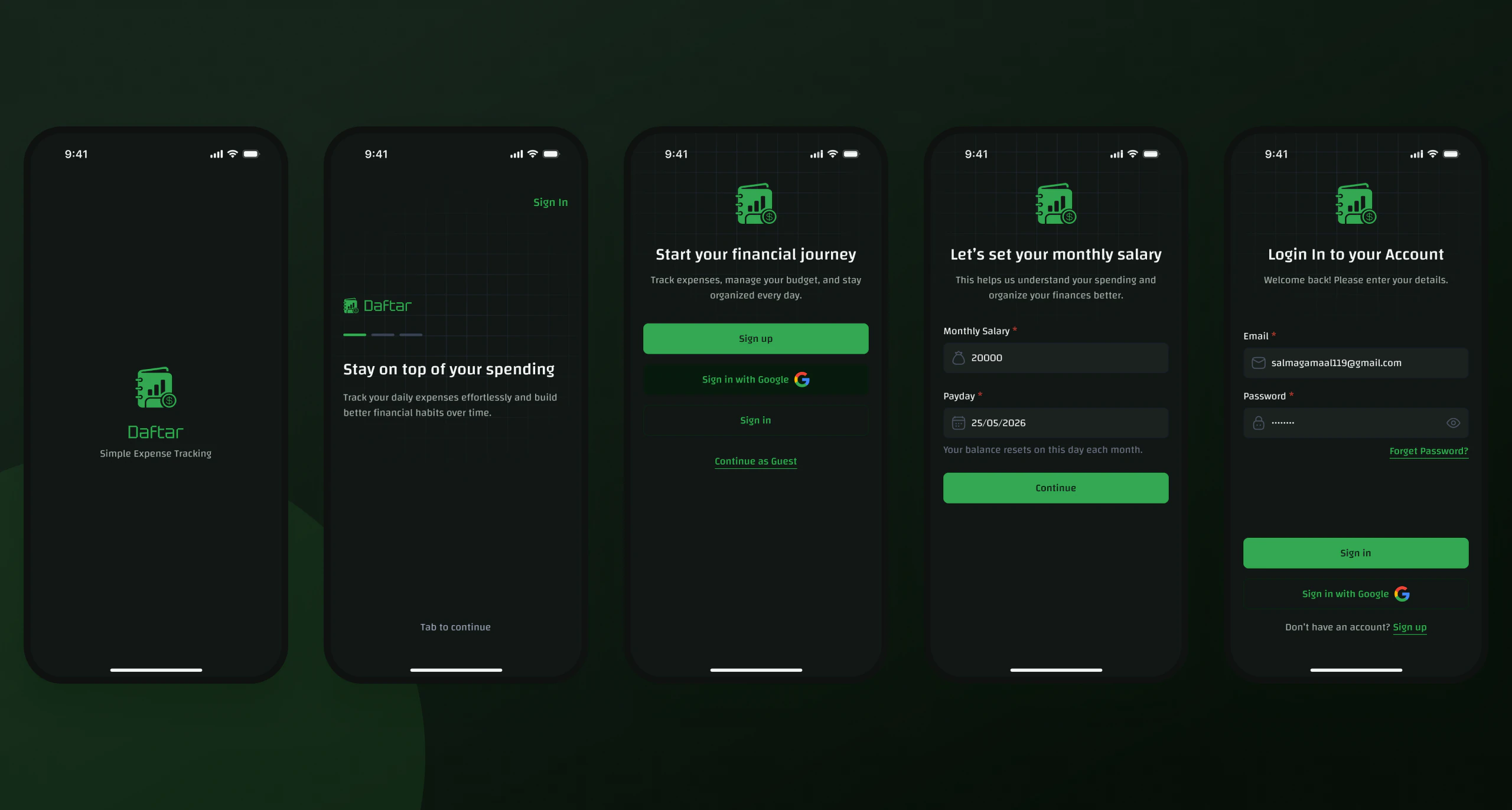 Onboarding, sign in and salary setup in dark mode