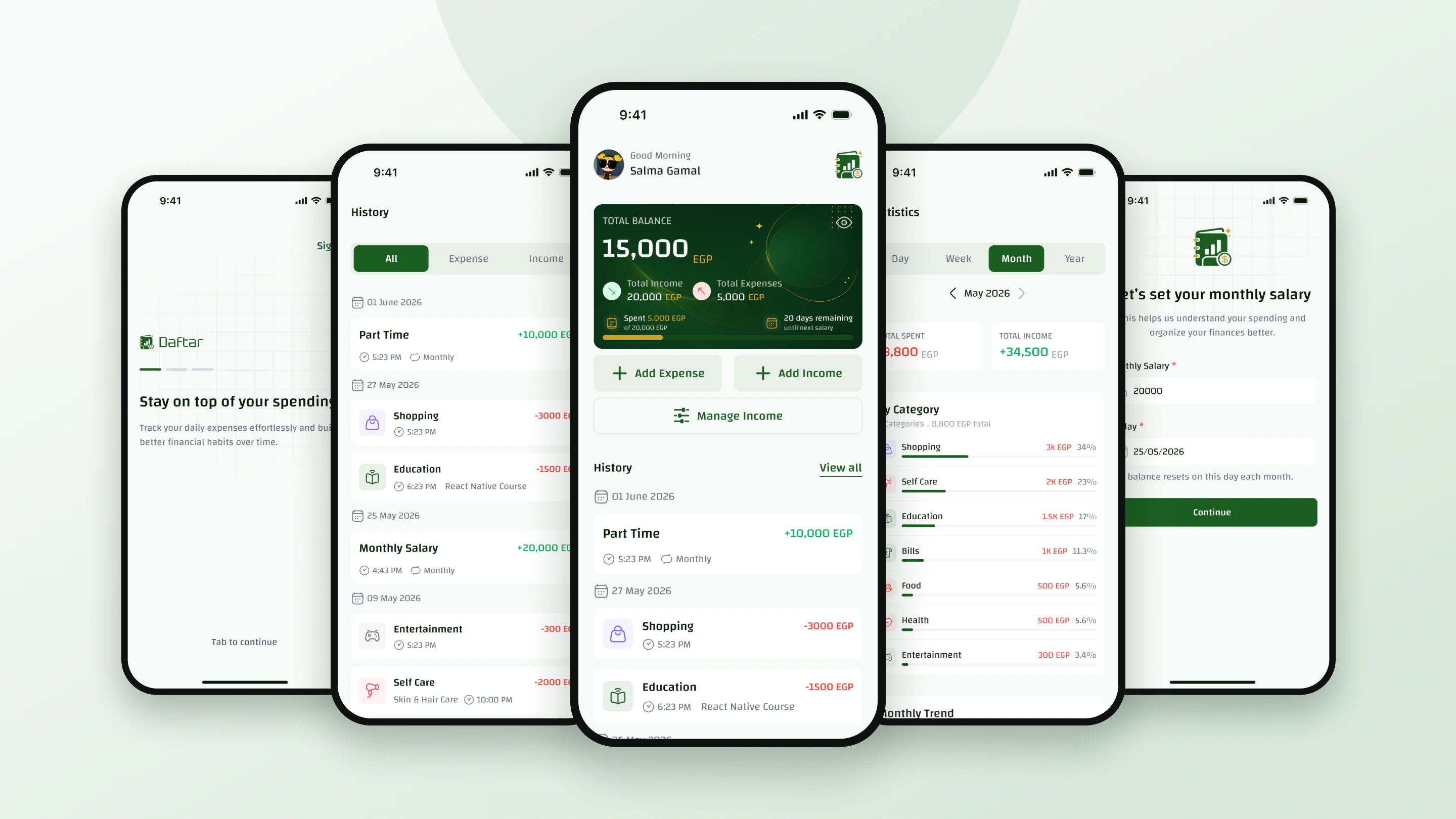 Five Daftar screens: onboarding, history, home, statistics and salary setup
