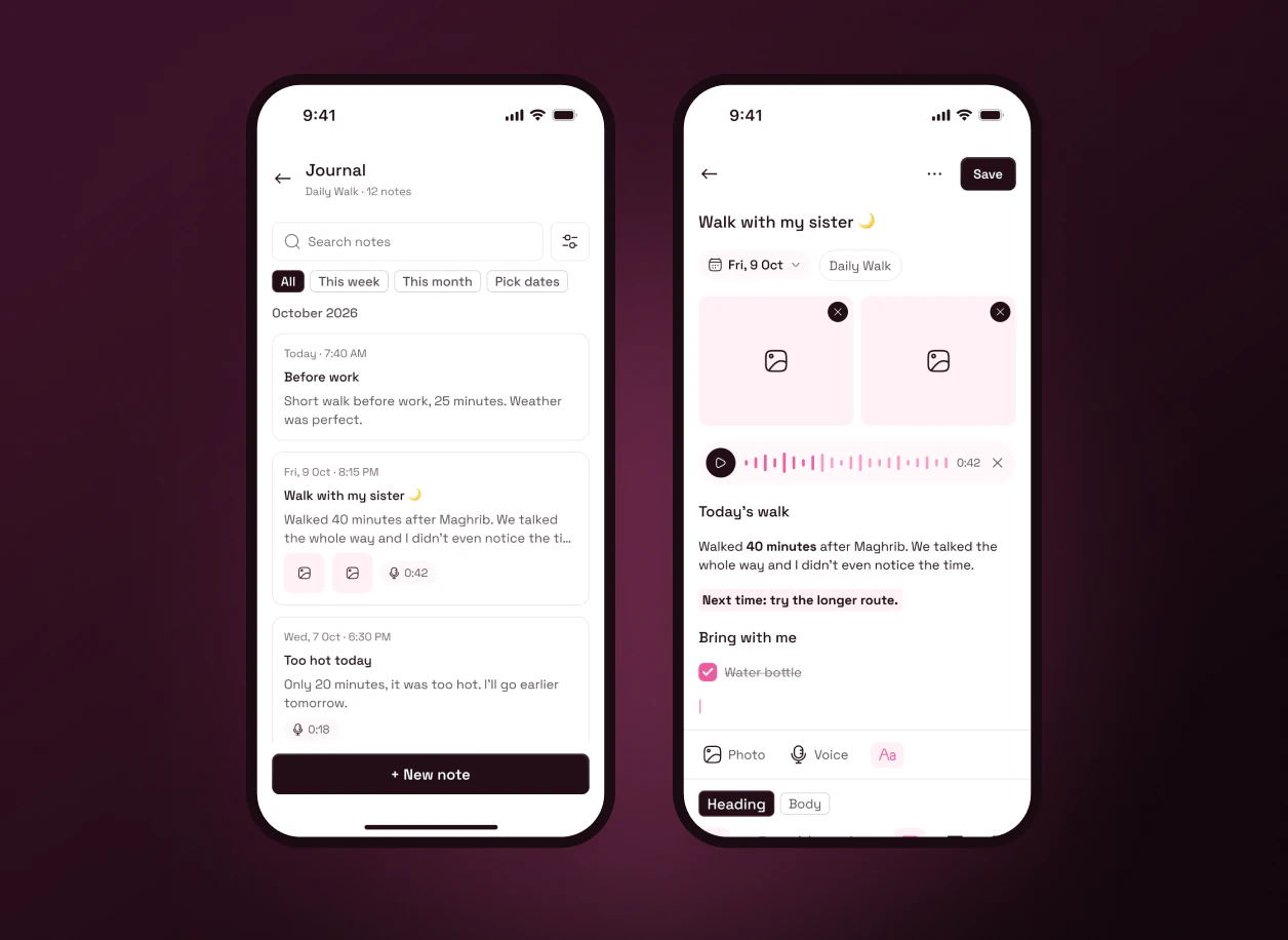 The journal list and a note with photos and a voice memo