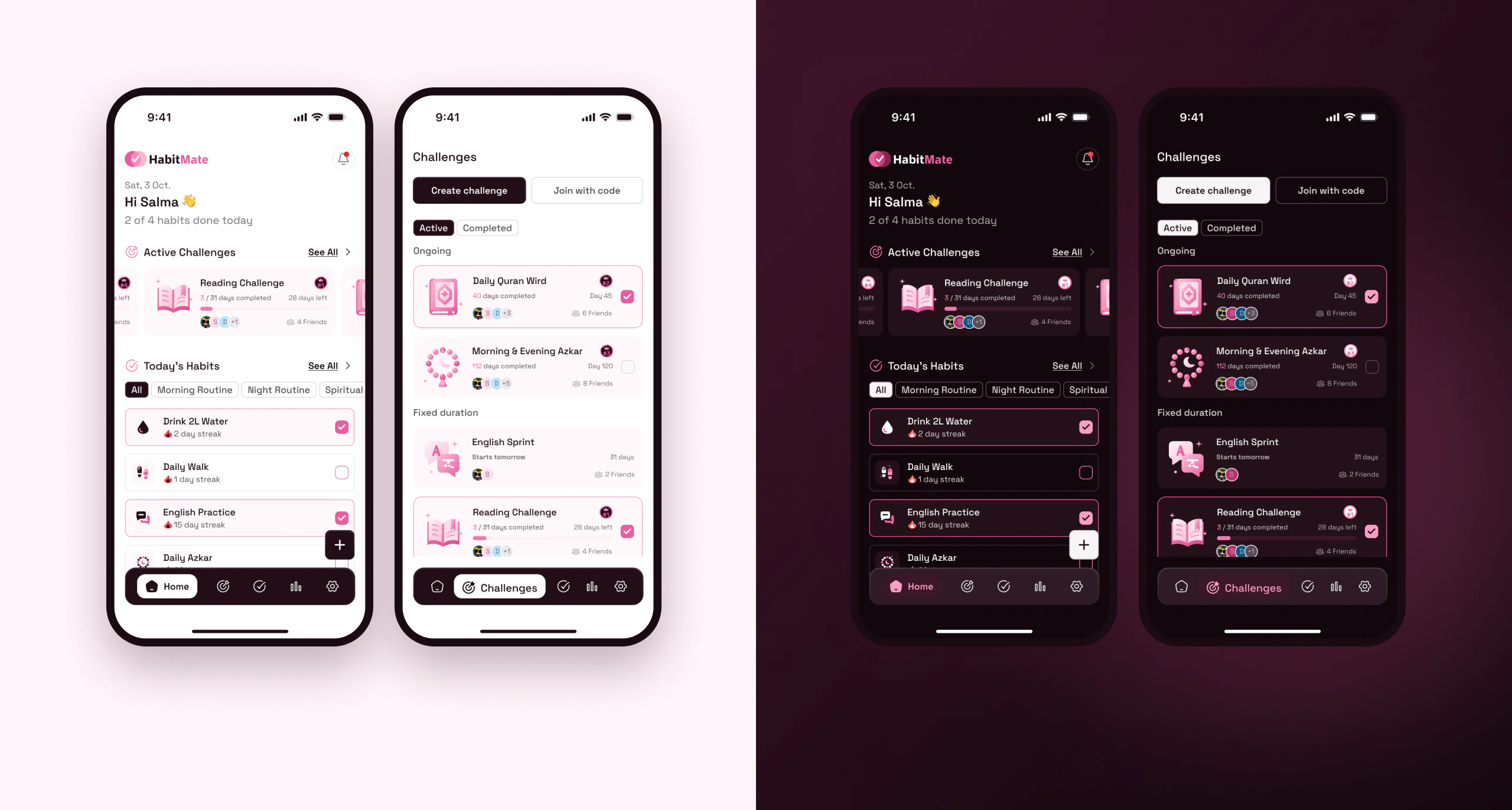 Home and challenges in light and dark mode