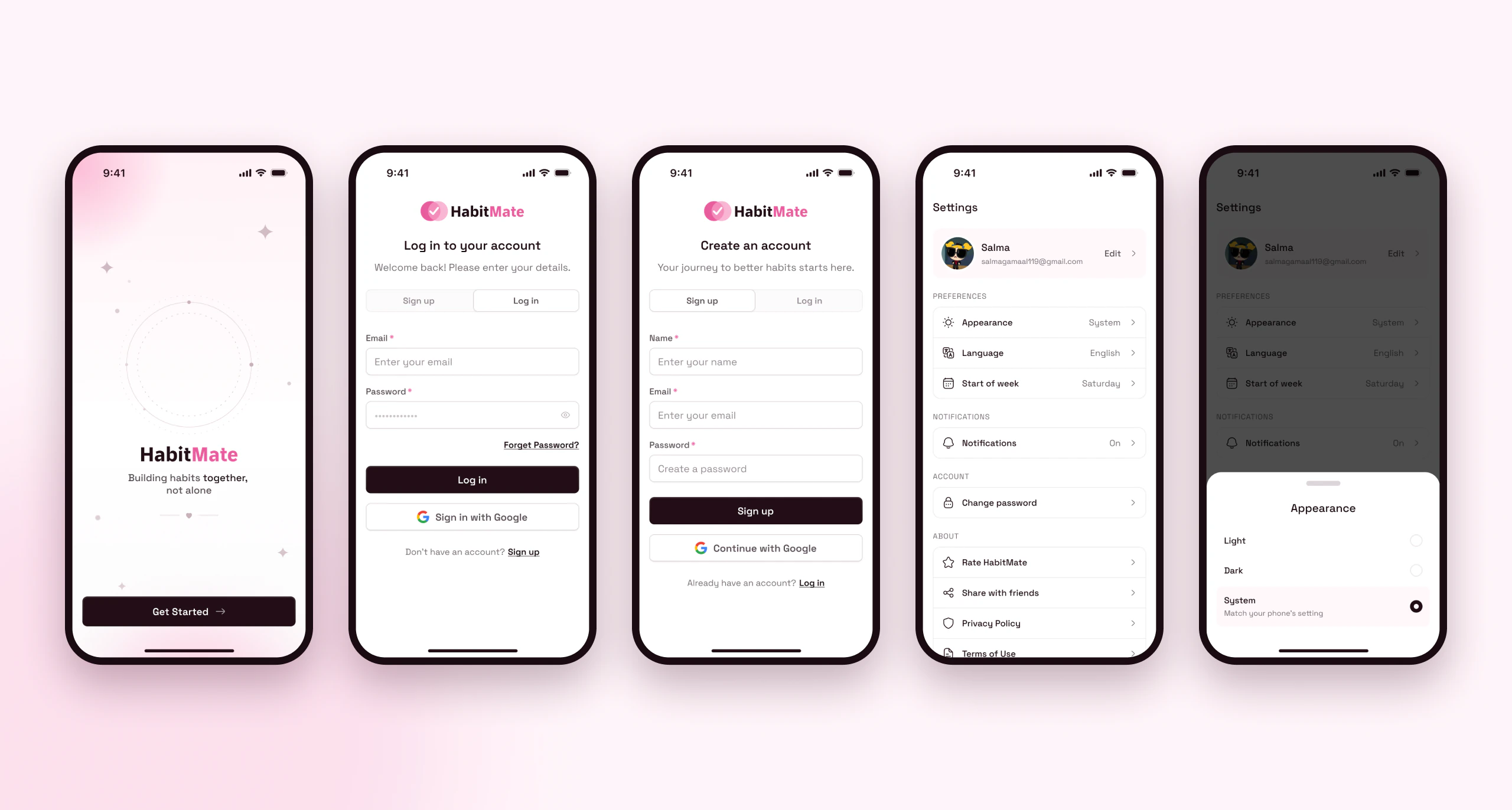 Splash, log in, sign up and settings with the appearance picker