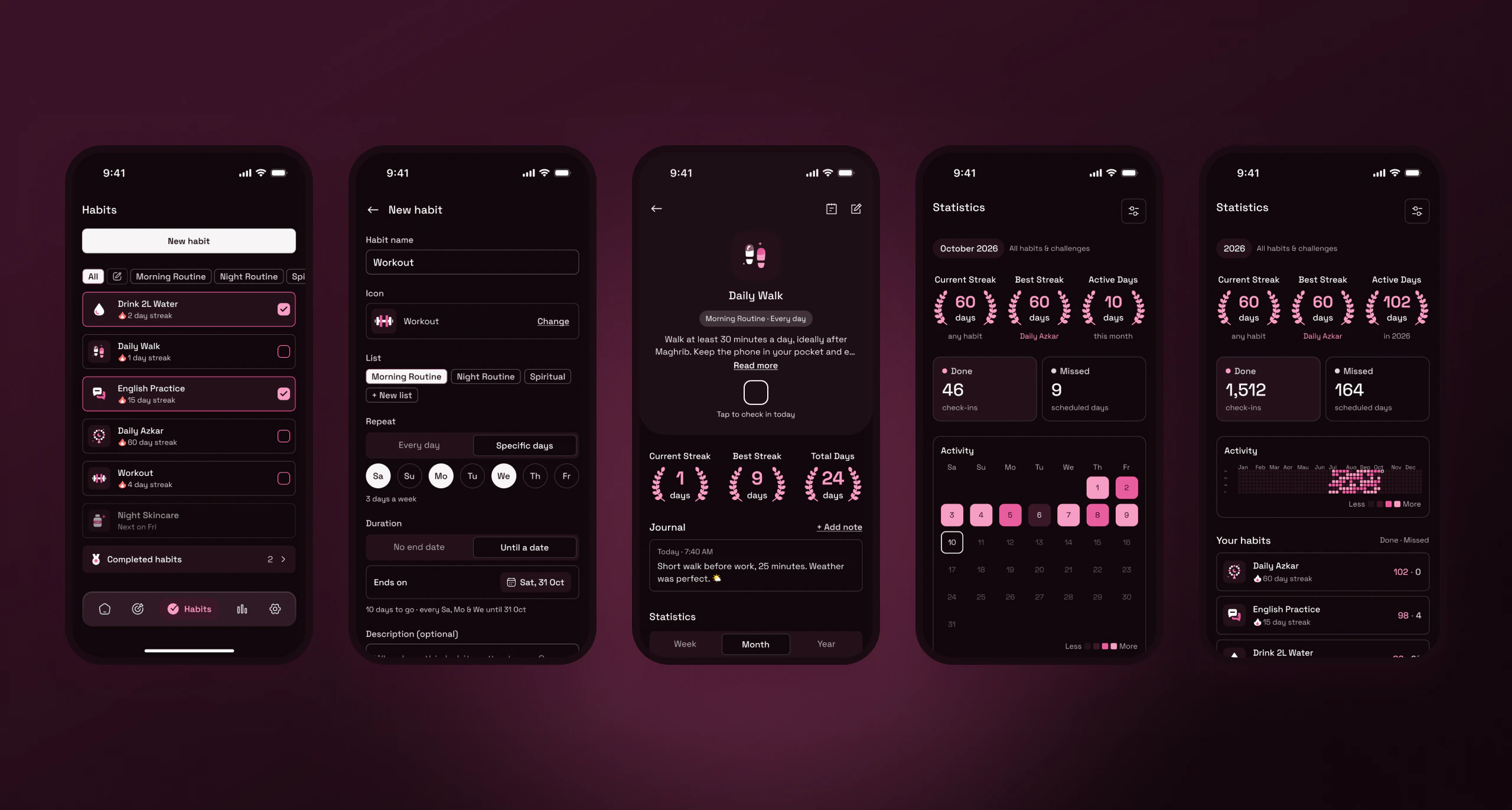 Habits, creating a habit, habit detail and statistics in dark mode