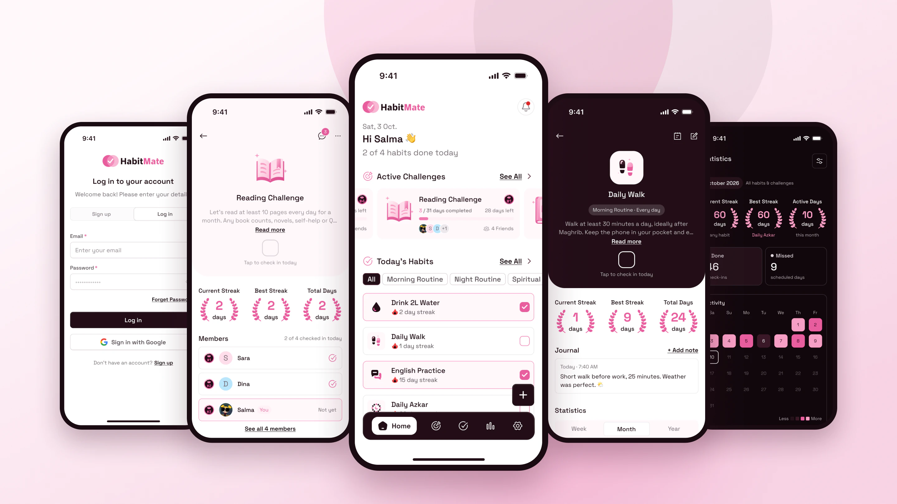 Five HabitMate screens: log in, a reading challenge, home, a habit with its journal and statistics