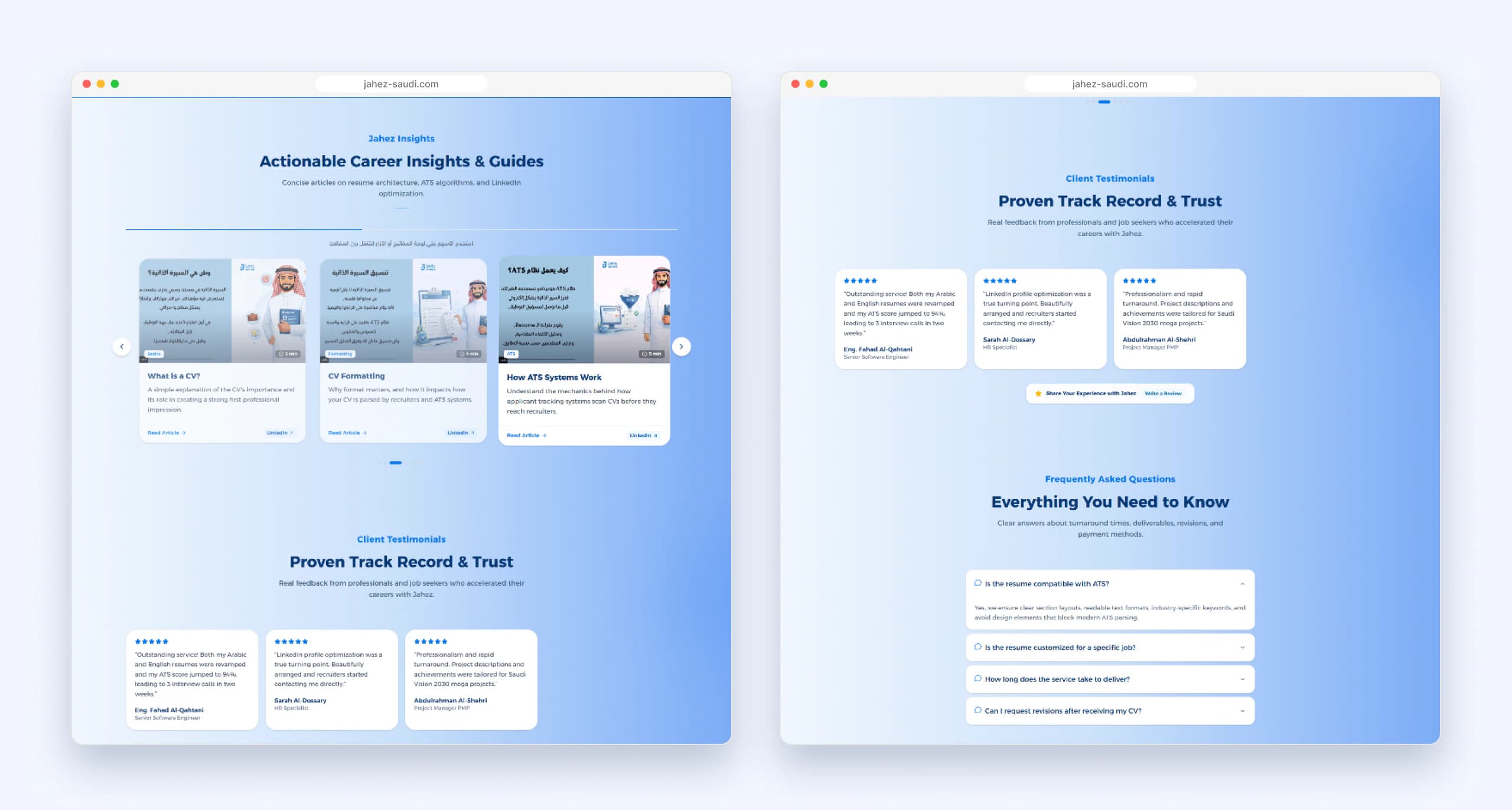 Articles, client reviews and FAQ