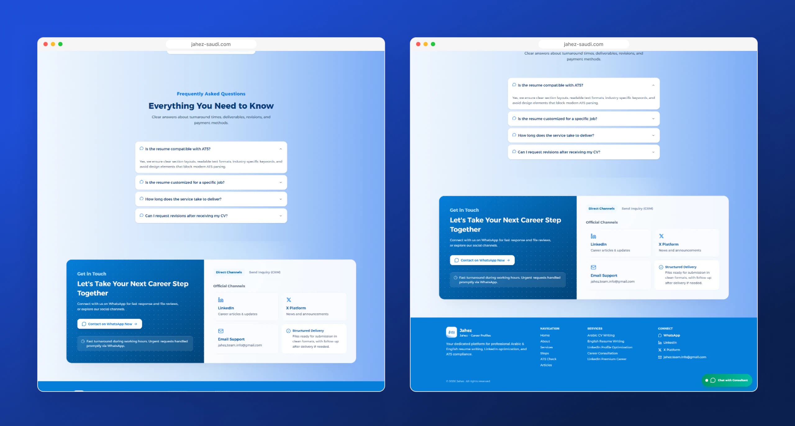 FAQ, contact section and footer